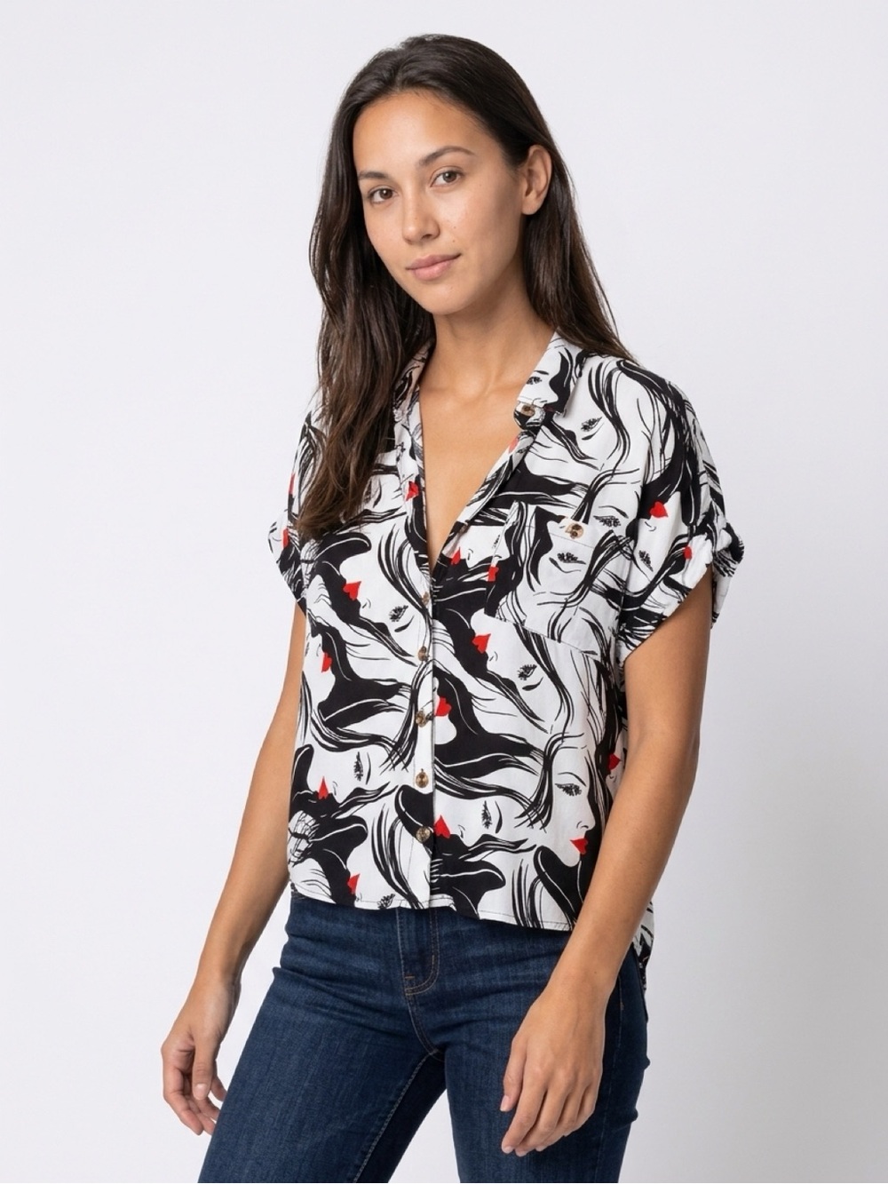 Graphic Short-Sleeve Button-Up Blouse in Black, White & Red